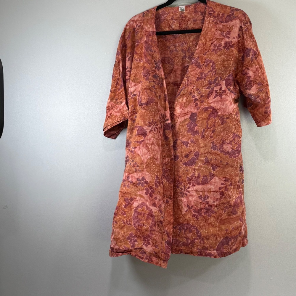 World Market‎ Women Orange Floral Batik Cotton Kimono beach cover Robe One Size